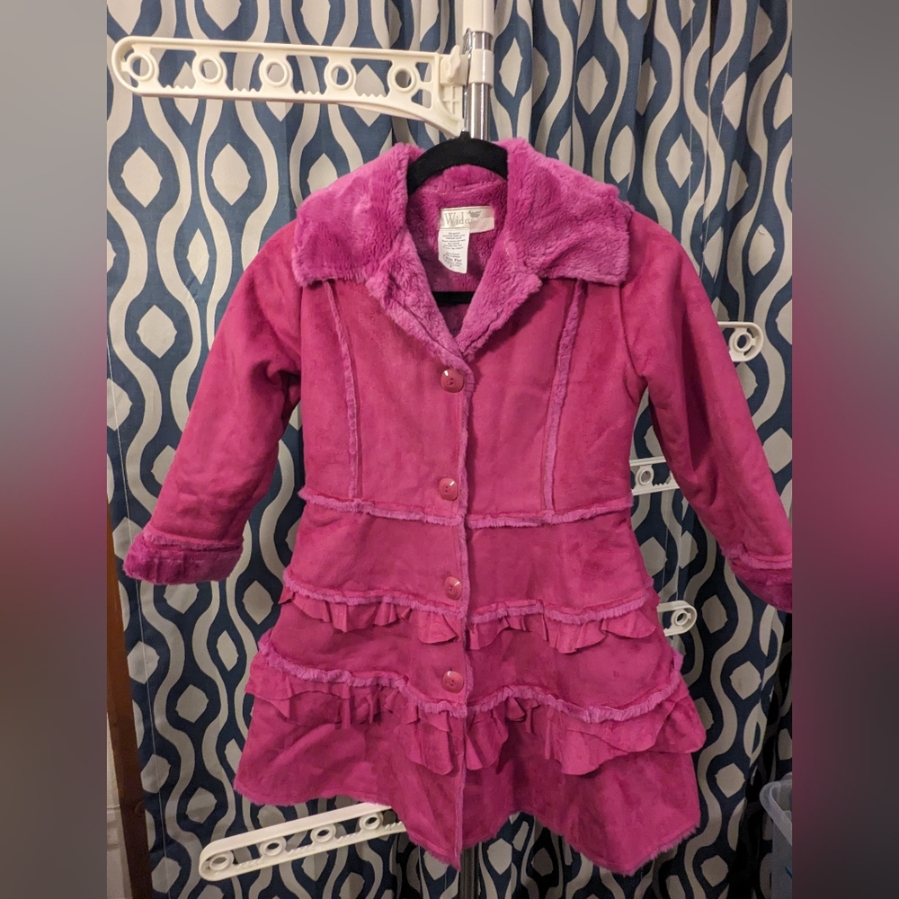 Faux Fur & Suede Pink Dress Coat, Ruffles, 7
